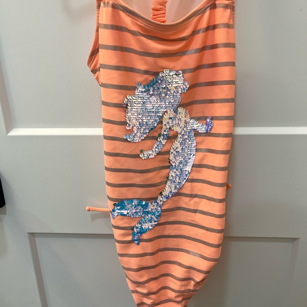 Justice Coral Peach & Silver Striped Swimsuit Reversible Sequin Mermaid, Size 10